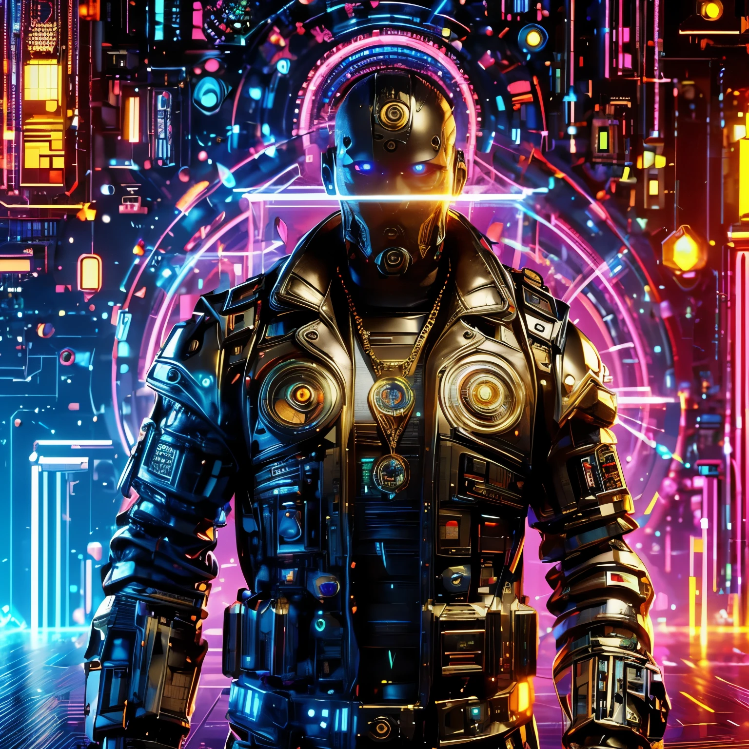 Machine, Cyberpunk, Black Leather Coat, Gold Chain, Skull Head, Mechanical Body, Holographic Transparent Cyberpunk, High-Beam Eyes, high-res portrait, Full Body, fantasy, vibrant colors, soft lighting, 3D, HDR, Very Detailed, HD, 8K genuine, Masterpiece, Background, Cyberpunk City, RTX