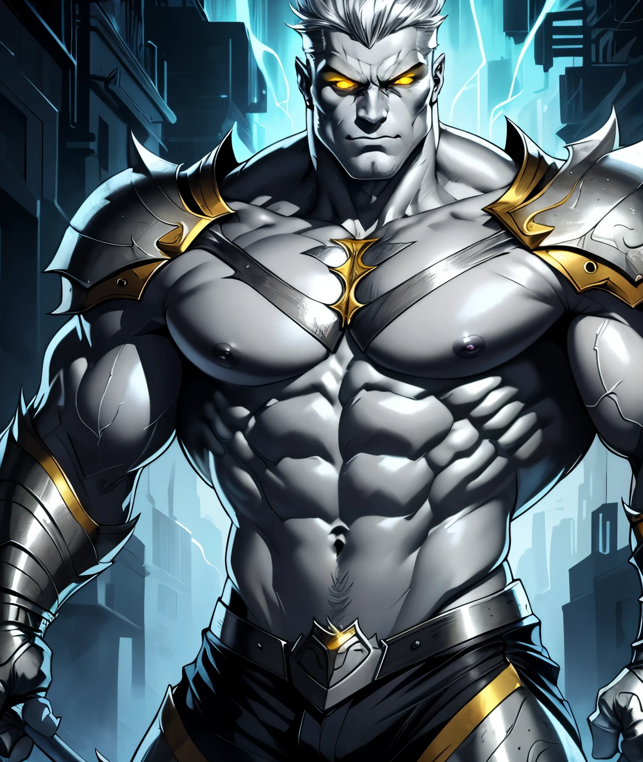 (best quality,highres:1.2),ultra-detailed,a male with silver skin and glowing yellow eyes,strong and muscular build,bare chest and chiseled abs,masculine features