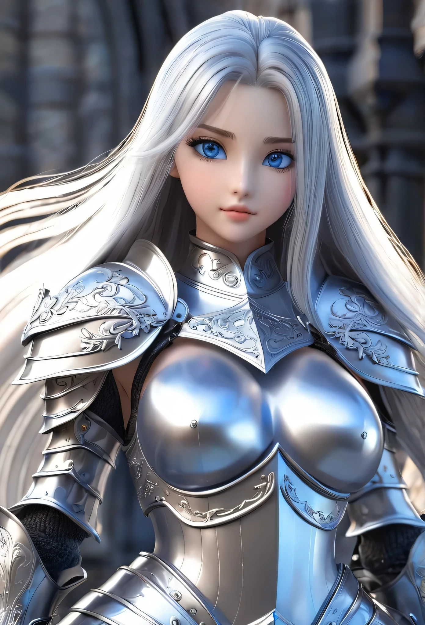 18-year-old girl,Silver long hair,Blue Eyes,Long eyelashes,Unbelievably huge breasts,((3D anime style)),A knight in revealing silver armor,Wearing a blue aura,A pale sword,