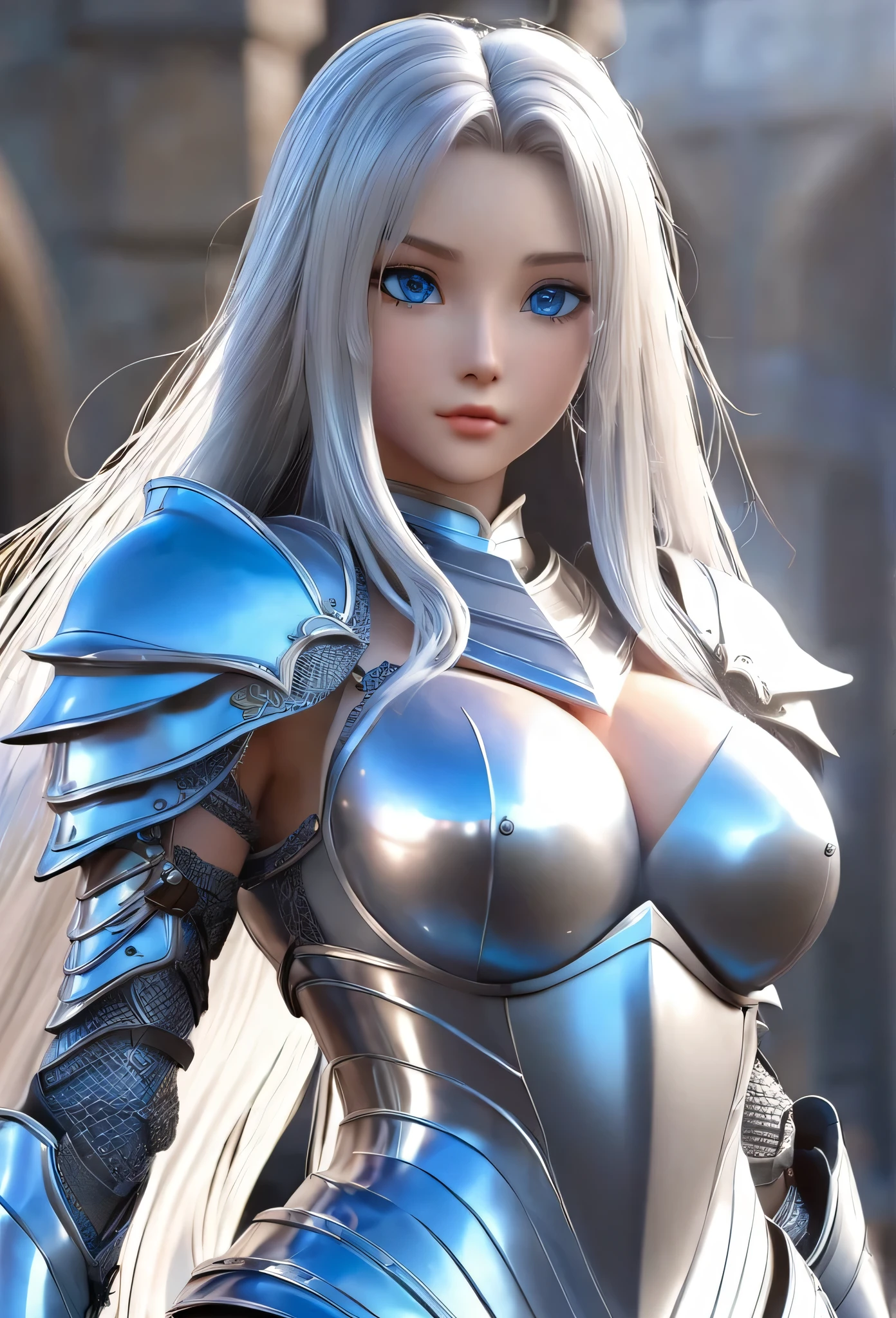 18-year-old girl，Silver long hair，Blue Eyes，Long eyelashes，Unbelievably huge breasts，((3D anime style))，A knight in revealing silver armor，Wearing a blue aura，A pale sword，