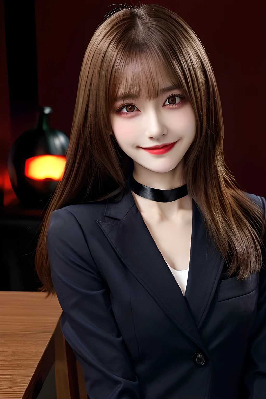 masterpiece, 1 mature woman per photo, Cute Day Book Secretary, Very cute face, Glossy Lips, Double eyelids on both eyes, Natural Makeup, (Brown Hair , Long Bob Hair), Asymmetrical bangs, High resolution, Attention to detail, Detailed hairstyle, Detailed face, Cinema Lighting, Octane Rendering, Ultra-realistic, Perfect limbs, Perfect Anatomy, ((Black Choker:1.2)), Red eyes, Big Breasts, ((the body is slim:1.5)), Cool Beauty, Slim face, smile, Fantasy World, ((Straight Long Hair)), Wooden wall, Wooden desk, Wooden chair, Big Breasts, (uniform, Navy Blue Blazer), document, coin, Book, pen, Sitting at a desk, I am writing a diary.., High nose, Guess the face, A sadistic smile, Grin, Evil smile, ((Red glowing eyes, Spooky Woman, The background is normal)), Guess face