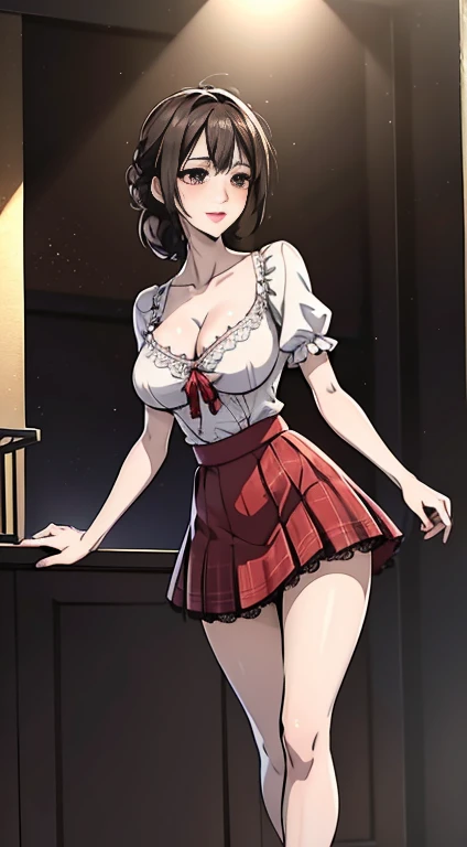 8k, masterpiece, original photo, best quality, Reality, Extremely detailed CG Unity 8K wallpaper, Depth of Field, Movie Lighting, lens flare, Ray Tracing, (Extremely beautiful face, Beautiful lips, beautiful eyes), Intricately detailed face, ((Ultra-delicate skin)) Searches,in the darkness, Deep Shadow, pretty Searches (Very slim slender fit-muscled body:1.3), ((Looking at the audience)),(A bright smile:1.3), (Short skirt ), (Red mini skirt ), Pantyhose, Clear eyes, walk , front Photo, (Pale skin), (big eyes), Facing forward, (Red Shirt), (brown hair), ((Lace shirt)),,(Looking at the audience:1.3) Very slim, Medium breasts, stocking, sTreet, architecture, Tree, Sunlight, (Plaid skirt), (High heel), Gentle skirt((Awkward, blush, charming, Close your eyes, open mouth,Tongue,with tears in eyes, Saliva residue,The hem of the skirt is wet, Brushed,)Large Breasts、Low-cut,Cleavage, Wide hips,)The Last Vision, Ultra-high resolution,4K,Super detailed, photography, 8k, HDR, high resolution, absurd:1.2, Kodak Portrait 400, Film Grain, Blurred background, Bokeh:1.2, lens flare, (Energetic_color:1.2),专业photography师