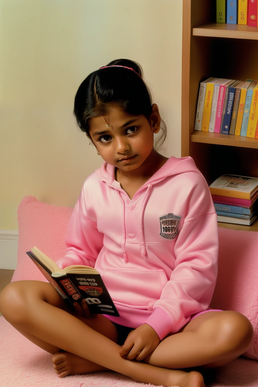 New Jersey, 1997. A little ((((-yeld)) chi Gupta)), sitting cross-legged, reading a book, ((((clothings from the 1990s)))), ((hairstyle of the 1990s)), colorful