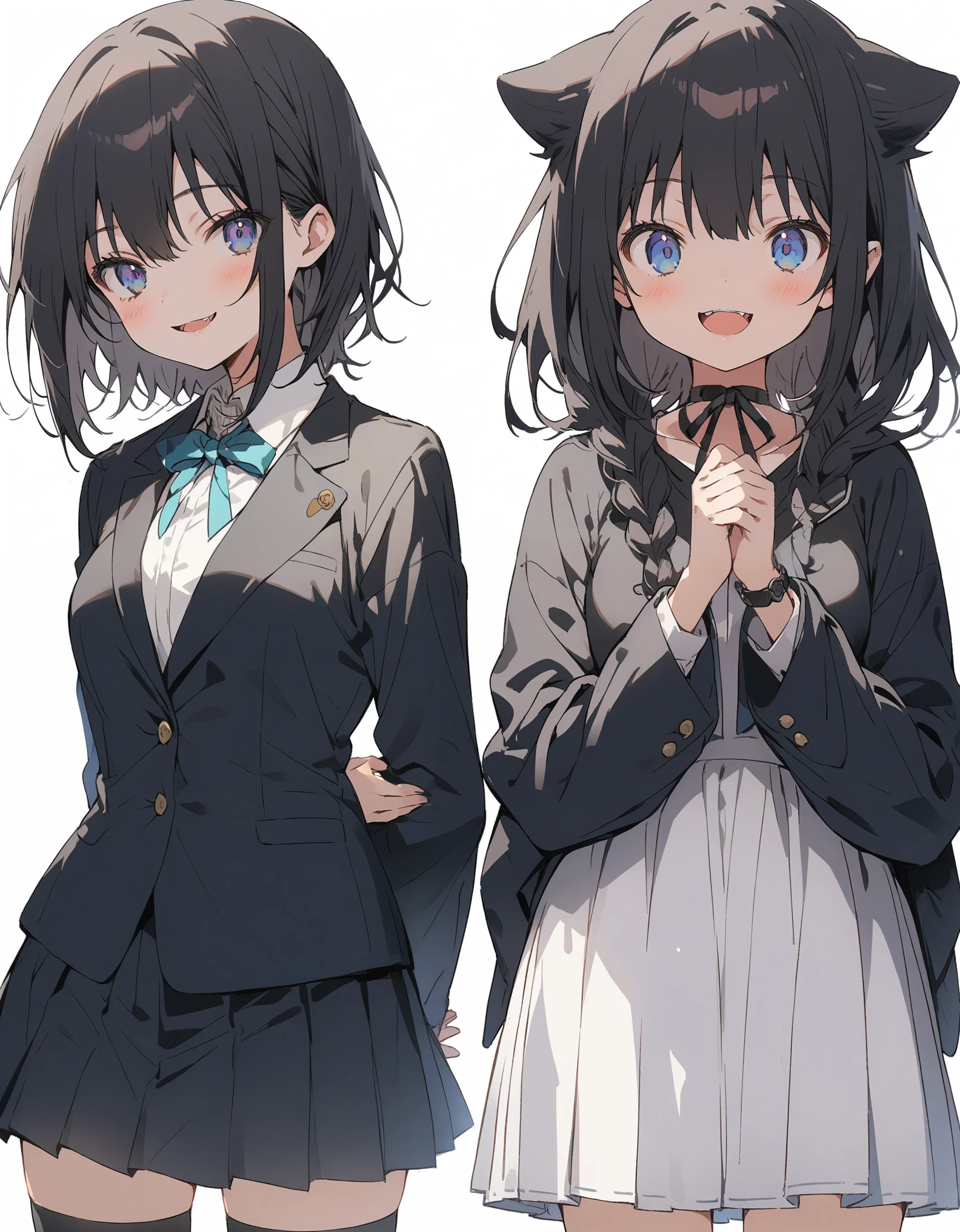 White background、Solid white background、Blank background、just standing girl, One Girl、arms behind back、Put your hands behind your back、Hide your hands、Ultra-high resolution, highest quality,fish-bone braid hair、Fishbone Hair、black hair、Upper body shot from the front,busty、beautiful detailed eyes、Black hair × Blue eyes、blue eyes、Open your mouth without showing your teeth、Smile with mouth wide open、 Black long sleeve blazer,Black pleated skirt、Knee-high socks、