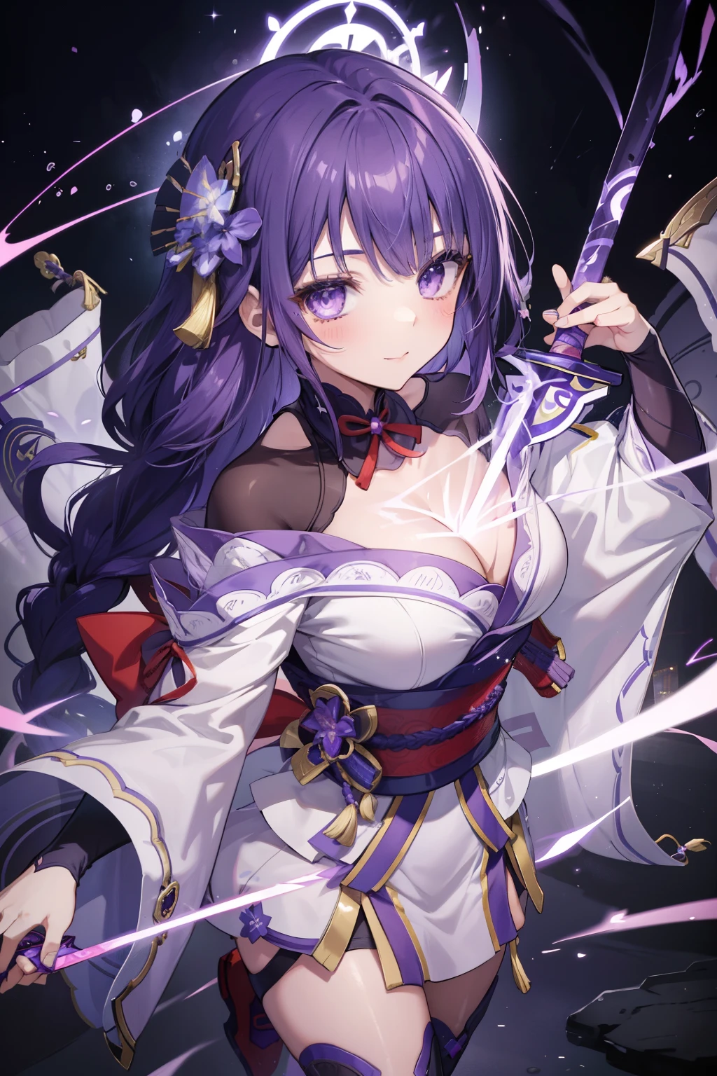 General Raiden、Good looking girl (blush, Perfect Face), independent , Looking at the camera, masterpiece, Anime art style, Cute Characters, Most detailed, high quality、Nico Nico Smile、There are highlights on the eyes、Full body view、Purple Hair、Use electric magic、wrapped in electricity、Holding a sword