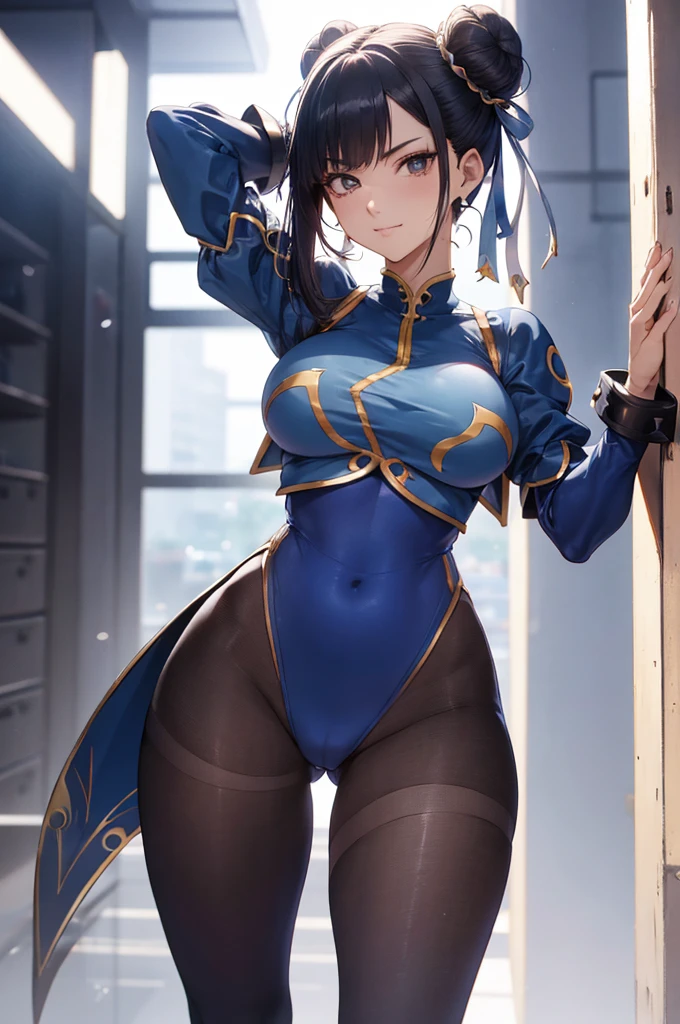 melhor qualidade,roupa azul,juri han,solo, masterpiece, best quality, agrias, grey sweater, black leotard, standing, looking at viewer, short hair,oculos,evil smile, evil look,luvas preta,roupa azul,yandere rosto,low lighting,coxa sarada copo detalhado,olhando para frente juri han,bela