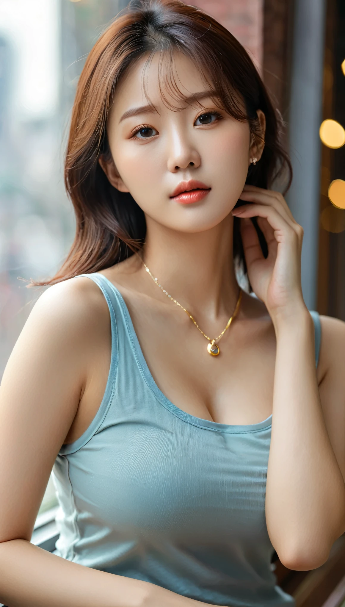 best qualtiy,tmasterpiece,A high resolution,1girl,hair adornments,choker necklace,jewely,beautiful face,upon body,dingdall effect,Realistic photos,edge lit,twotonelighting,(highdetailskin:1.2),8k uhd,dslr , softlighting, high qulity, volumettic light, sneak shot, photore, A high resolution, 4k, Background bokeh, Large breasts, Open finger, (Hair color: golden colored: 1)