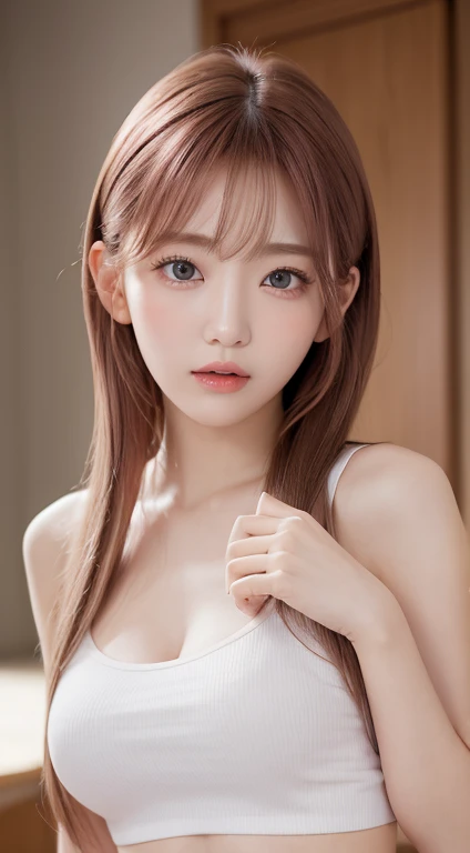 1 female, 22-year-old woman、Pink Hair, Blunt bangs, Hair behind the ear, Hair that falls over the shoulders, Long Hair, Ultra Fine Face, Thin face, Delicate lips, (Beautiful Eyes:1.5), Lightly reddish, eyes are light brown,See this,Sexy pose、 Ultra-fine needle, very thin fingers, The optimal ratio is four fingers to one thumb., A thin, tight-fitting white T-shirt、Nipples、No bra、Tabletop、First Person View, 8k, Super Detail, high quality, 最high quality, High resolution,