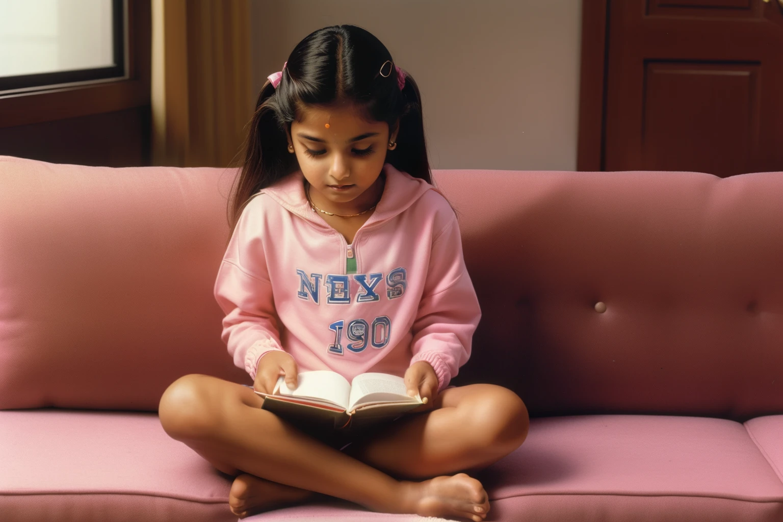 New Jersey, 1997. A little ((((10-year-old)) Prachi Gupta)), sitting cross-legged, reading a book, ((((clothings from the 1990s)))), ((hairstyle of the 1990s)), colorful