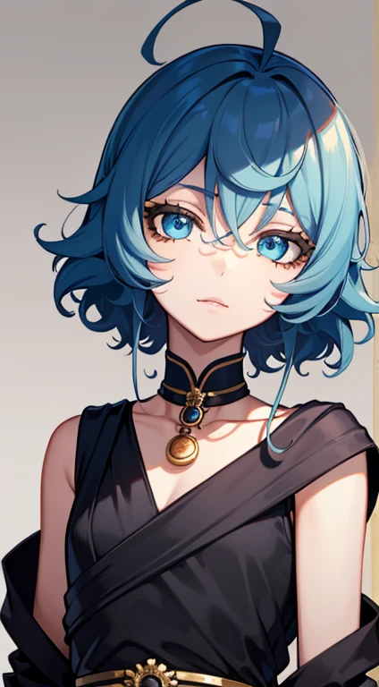 (high-quality, breathtaking),(expressive eyes, perfect face) 1girl, female, solo, young adult, dark black color hair, blue highlight in hair, tanned skin, pale light blue eye color, medium hair length, fluffy spiky hair, wavy curly hair, black dress with gold trim, tunic, Greek Goddess, Ancient Greek Dress, Greek Clothes, Symmetrical Eyes, portrait, halfbody, positive expression, grey background, elegant, mature, beautiful, soft smile, hair between eyes, SunsetHuman, collar
