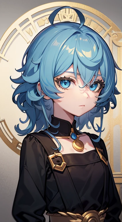 (high-quality, breathtaking),(expressive eyes, perfect face) 1girl, female, solo, young adult, dark black color hair, blue highlight in hair, tanned skin, pale light blue eye color, medium hair length, fluffy spiky hair, wavy curly hair, black dress with gold trim, tunic, Greek Goddess, Ancient Greek Dress, Greek Clothes, Symmetrical Eyes, portrait, halfbody, positive expression, grey background, elegant, mature, beautiful, soft smile, hair between eyes, SunsetHuman, collar

