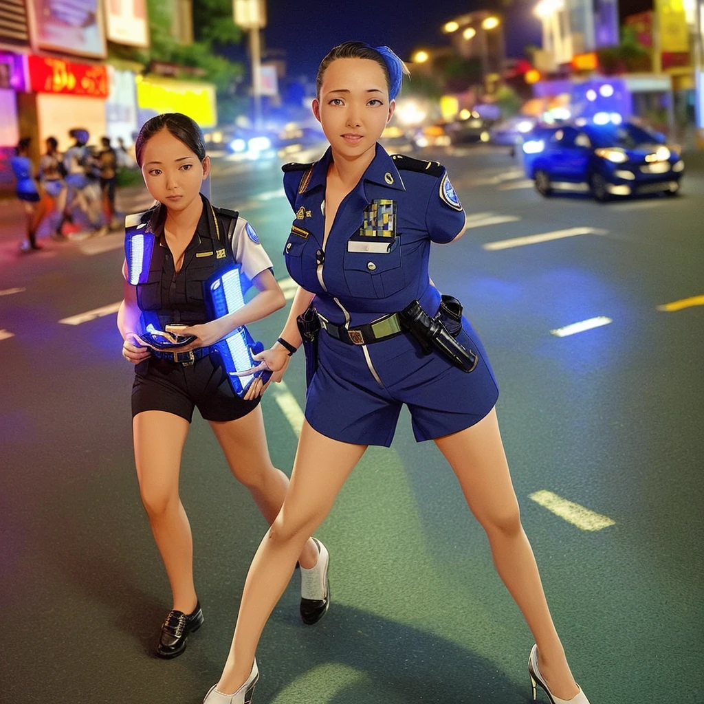 (luciewilde) A female cop in a very eye catching sexy uniform patrols the streets of Bangkok at night, confident, friendly, in charge