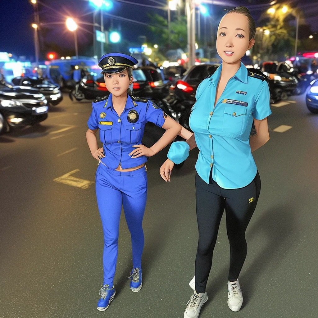 (luciewilde) A female cop in a very eye catching sexy uniform patrols the streets of Bangkok at night, confident, friendly, in charge