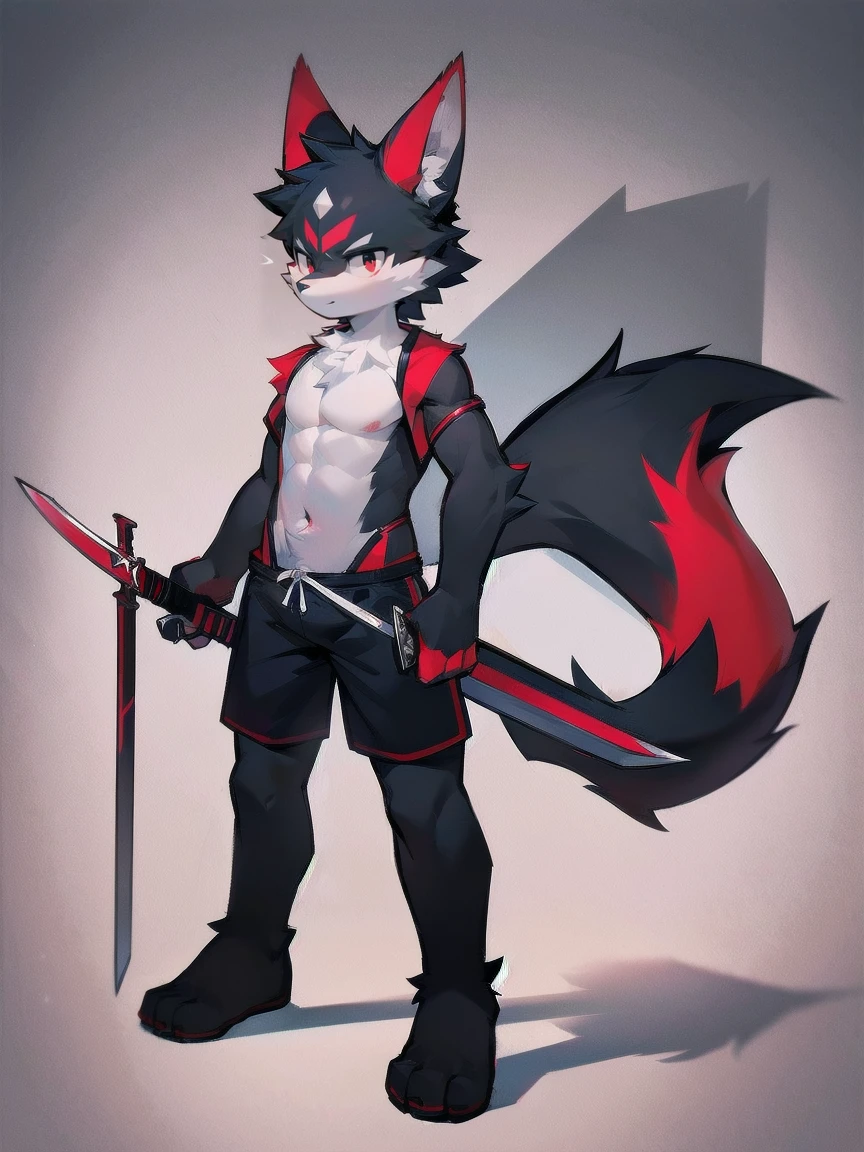Wolf，Dark grey fur，Red eyes，Wearing only shorts，No clothes on upper body，With a sword on his back，The only person，Full body portrait，Standing