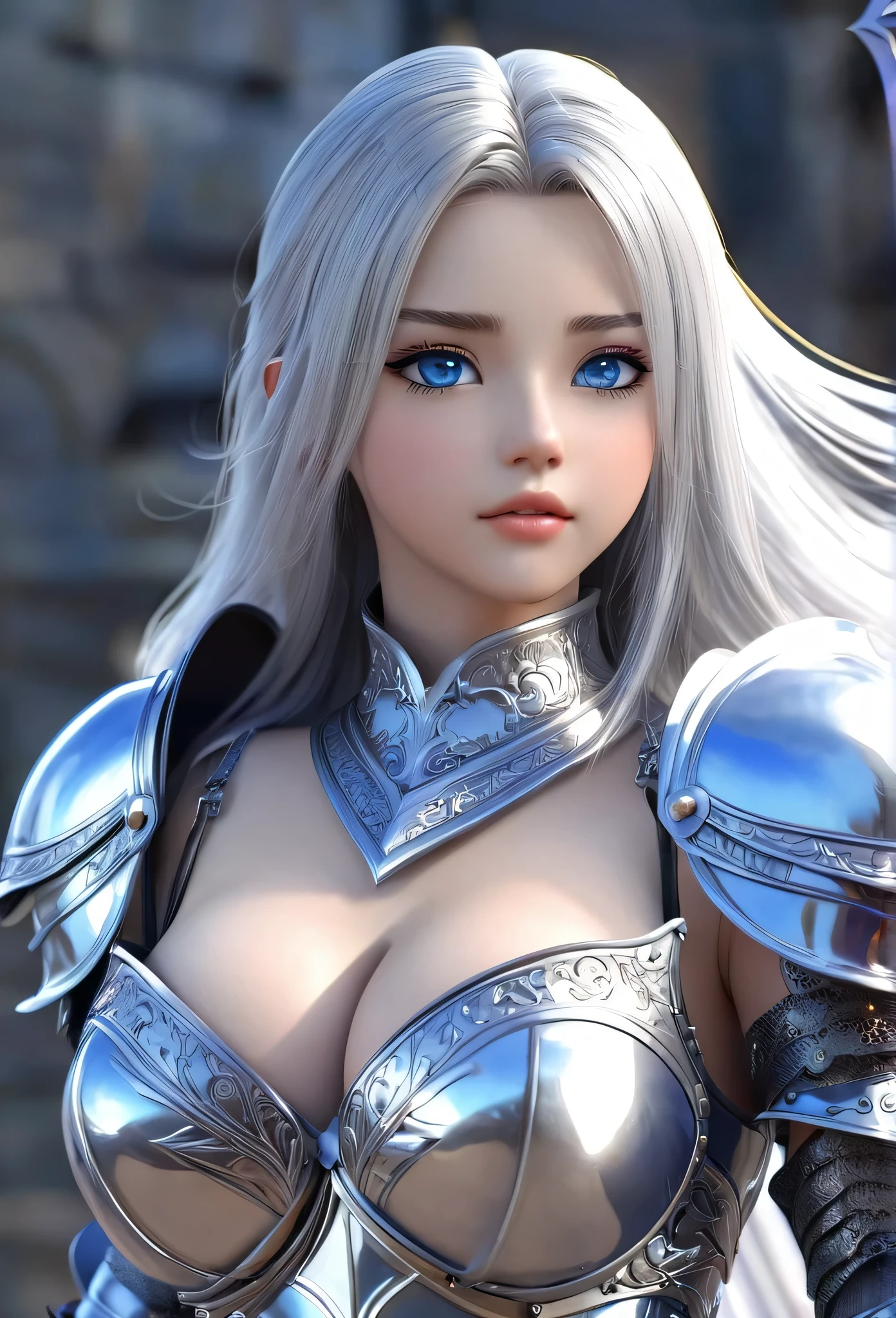 18-year-old girl,Silver long hair,Blue Eyes,Long eyelashes,Unbelievably huge breasts,((3D anime style)),A knight in revealing silver armor,Wearing a blue aura,Ready your sword,