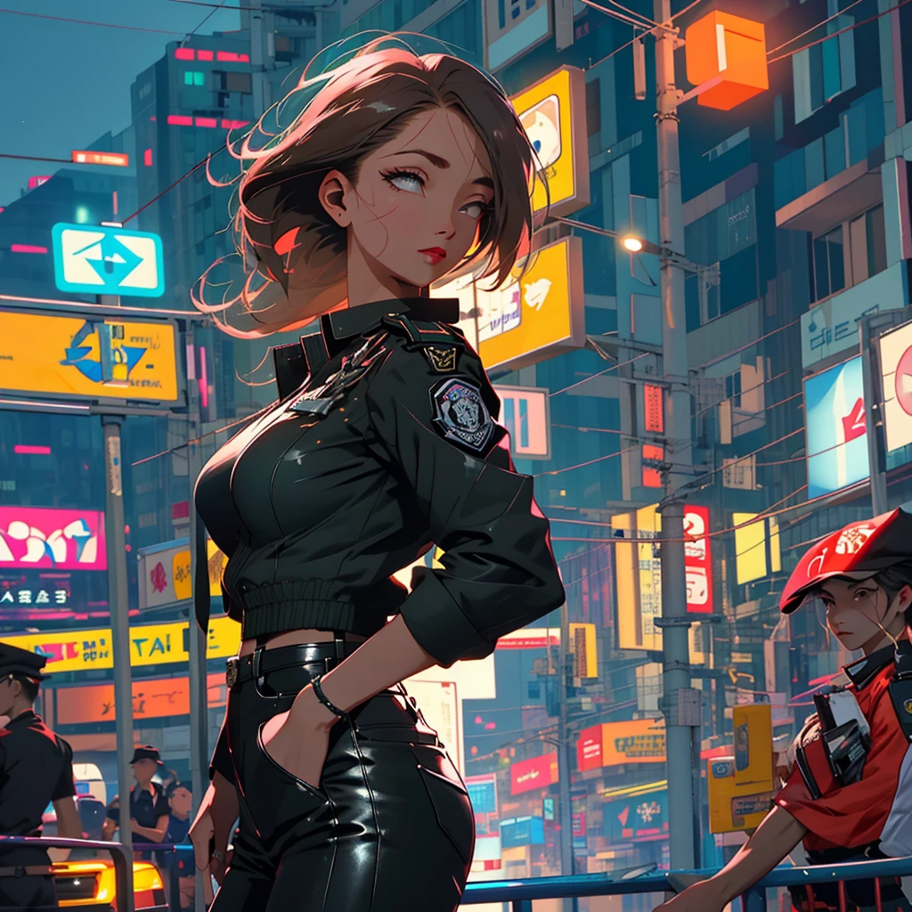 A female cop in a very eye-catching, sexy uniform patrols the streets of Bangkok at night, exuding confidence and friendliness. The uniform fits her perfectly, accentuating her curves. She wears a fitted, black leather jacket with a reflective badge that catches the lights from the city. Her pants are sleek and form-fitting, made of high-quality black fabric that allows her to move effortlessly. The uniform also includes knee-high black boots with a slight heel, giving her a powerful and commanding presence.
Her face is framed by luscious, flowing dark hair, cascading down her back. Her eyes are piercing and alert, the perfect combination of strength and empathy. She has perfectly manicured eyebrows that arch gracefully, giving her a look of determination. Her beautiful lips are painted with a bold red lipstick that enhances her confident smile.
As she walks through the vibrant streets of Bangkok, the scene is bathed in the colorful glow of neon lights. The city comes alive at night, with busy night markets, street food vendors, and the sound of bustling traffic. The atmospheric haze adds a sense of mystery and excitement to the scene.
The cop moves with purpose, her every step exuding authority. People passing by can't help but notice her, feeling a sense of security in her presence. She interacts with the locals, exchanging smiles and friendly nods, making them feel safe in the bustling city at night.
The artwork captures every exquisite detail, from the intricate stitching on her uniform to the reflections in her eyes. The level of detail is remarkable, showcasing the artist's meticulous craftmanship. The colors and textures are vivid and realistic, bringing the scene to life.
With its high resolution and stunning realism, the artwork transports the viewer to the vibrant streets of Bangkok at night. The combination of the cop's confident presence, the dynamic city atmosphere, and the attention-grabbing uniform creates a captivating visual narrative.