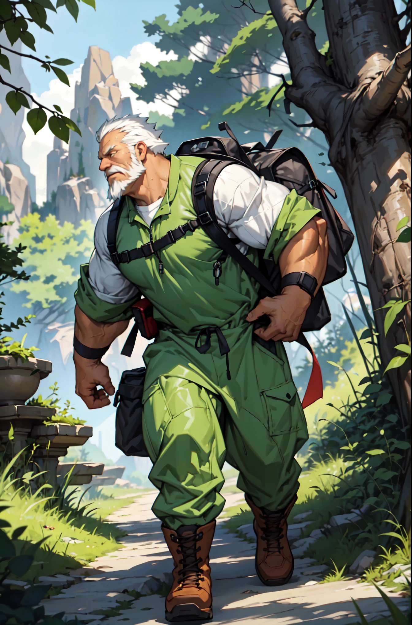 A muscular, old man, with a long white beard, is hiking in the mountains. The landscape features rocky terrain and a steep trail. The man is carrying a heavy backpack and his strong arms demonstrate his physical strength. He wears leather boots and is visibly exhausted and sweaty from the demanding hike. In the distance, there are majestic peaks that create a sense of awe and wonder. The wind is gusty, rustling the leaves of the tall trees, while a cool breeze provides relief from the physical exertion. Despite the challenging conditions, the man shows determination as he continues his adventure. The lighting is serene and peaceful, adding to the calm and tranquil atmosphere of the scene. The overall image quality is of the highest standard, with a resolution of 4k or 8k, capturing every detail with precision and realism. The prompt aims to generate an ultra-detailed, photorealistic artwork that showcases the beauty and grandeur of nature while highlighting the resilience and determination of the old man.