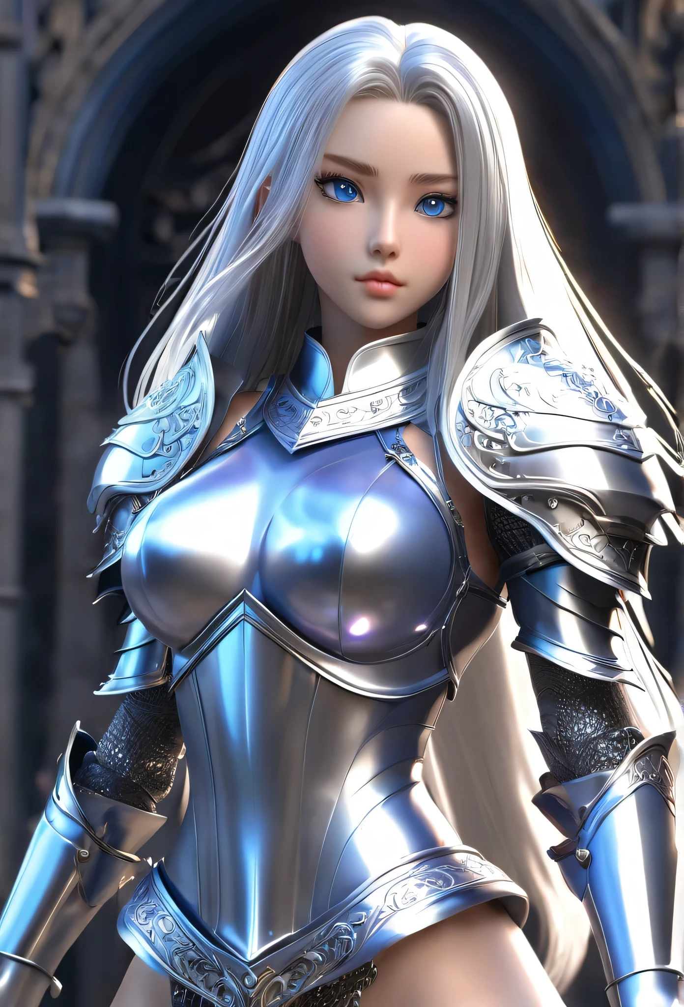 18-year-old girl,Silver long hair,Blue Eyes,Long eyelashes,Unbelievably huge breasts,((3D anime style)),A knight in revealing silver armor,Wearing a blue aura,Ready your sword,