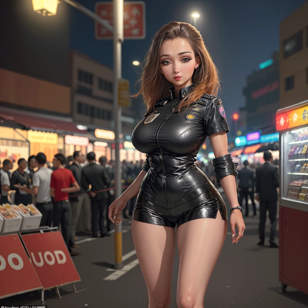 A female cop in a very eye-catching, sexy uniform patrols the streets of Bangkok at night, exuding confidence and friendliness. The uniform fits her perfectly, accentuating her curves. She wears a fitted, black leather jacket with a reflective badge that catches the lights from the city. Her pants are sleek and form-fitting, made of high-quality black fabric that allows her to move effortlessly. The uniform also includes knee-high black boots with a slight heel, giving her a powerful and commanding presence. Her face is framed by luscious, flowing dark hair, cascading down her back. Her eyes are piercing and alert, the perfect combination of strength and empathy. She has perfectly manicured eyebrows that arch gracefully, giving her a look of determination. Her beautiful lips are painted with a bold red lipstick that enhances her confident smile. As she walks through the vibrant streets of Bangkok, the scene is bathed in the colorful glow of neon lights. The city comes alive at night, with busy night markets, street food vendors, and the sound of bustling traffic. The atmospheric haze adds a sense of mystery and excitement to the scene. The cop moves with purpose, her every step exuding authority. People passing by can't help but notice her, feeling a sense of security in her presence. She interacts with the locals, exchanging smiles and friendly nods, making them feel safe in the bustling city at night. The artwork captures every exquisite detail, from the intricate stitching on her uniform to the reflections in her eyes. The level of detail is remarkable, showcasing the artist's meticulous craftmanship. The colors and textures are vivid and realistic, bringing the scene to life. With its high resolution and stunning realism, the artwork transports the viewer to the vibrant streets of Bangkok at night. The combination of the cop's confident presence, the dynamic city atmosphere, and the attention-grabbing uniform creates a captivating visual narrative.