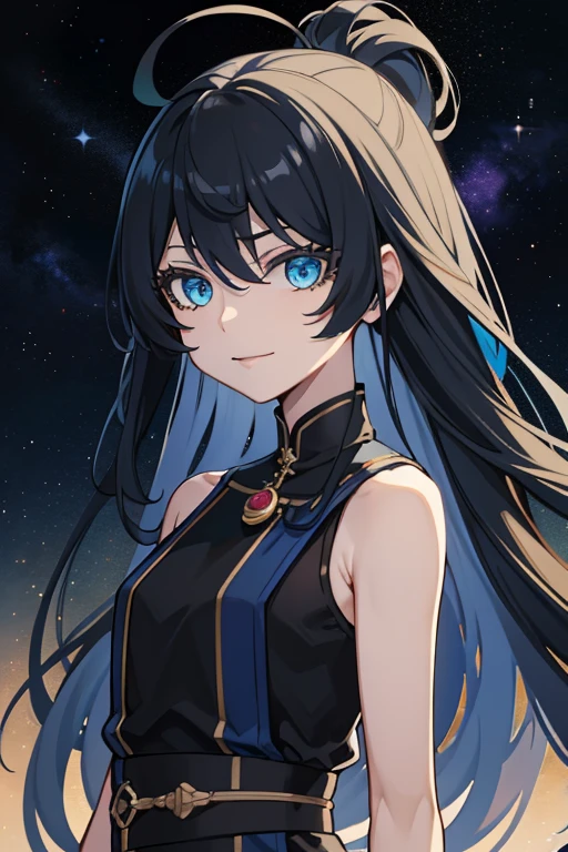 (high-quality, breathtaking),(expressive eyes, perfect face) 1girl, girl, solo, adult, dark black abyss hair with blue lightings, dark grey skin, constellations on skin, stars in hair, long black dress, sleeveless, armband on left arm, dark blue coloured eyes, stylised hair, gentle smile, long length hair, loose hair, side bangs, soft wavey hair, looking at viewer, portrait, ancient greek clothes, blue black and tunic, greek, blue and black sash, darkness inspired background, related to Nyx, elegent, regal, beautiful, a shaul of darkness decorated with stars, Greek Myth, soft make up, cosmos, starlight, goddess of the night