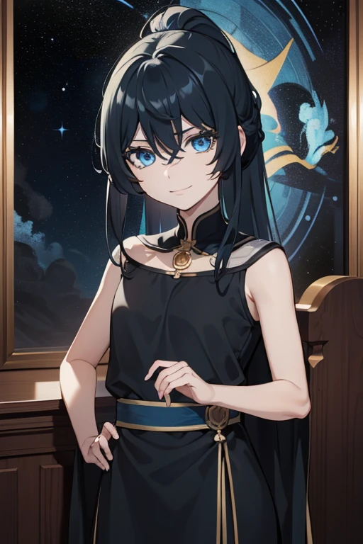 (high-quality, breathtaking),(expressive eyes, perfect face) 1girl, girl, solo, adult, dark black abyss hair with blue lightings, dark grey skin, constellations on skin, stars in hair, long black dress, sleeveless, armband on left arm, dark blue coloured eyes, stylised hair, gentle smile, long length hair, loose hair, side bangs, soft wavey hair, looking at viewer, portrait, ancient greek clothes, blue black and tunic, greek, blue and black sash, darkness inspired background, related to Nyx, elegent, regal, beautiful, a shaul of darkness decorated with stars, Greek Myth, soft make up, cosmos, starlight, goddess of the night