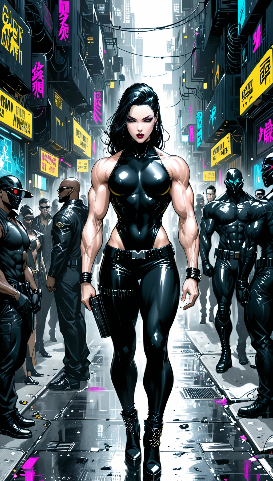 artist by Megan Hess,in style of Jae Lee,Muscle Girl，Black market in the back streets of a cyberpunk metropolis，Many black traders followed，Man in black，Many people