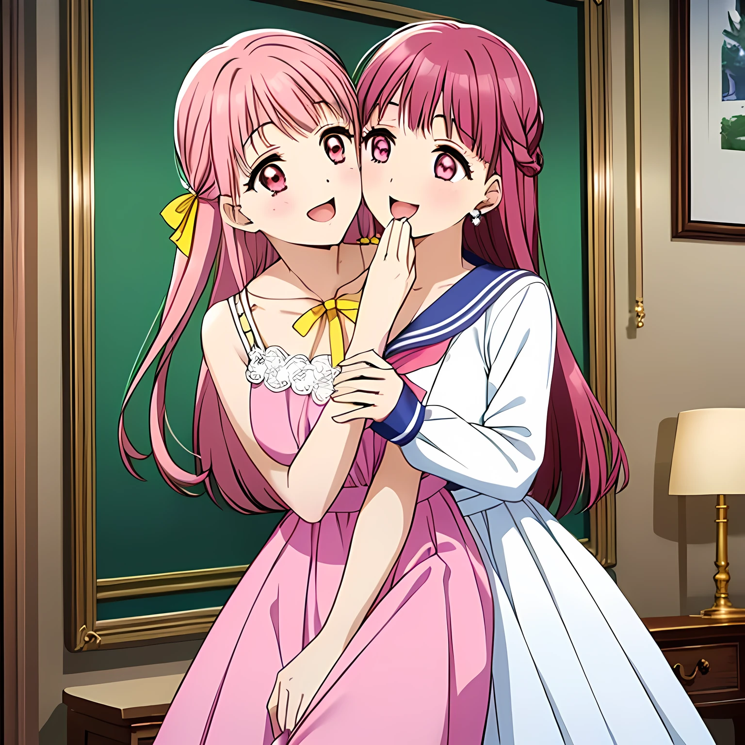 highest quality, (masterpiece:1.2), Very detailed, ((Very beautiful girls are calling the audience in the music room)), ((16 years old)), (((Beautiful long, very shiny peach-colored hair))), She has a big yellow ribbon in her hair., ((Deep pink sailor suit)), ((Deep pink pleated long skirt)), ((pink-white blouse)), puffed sleeves with ivory ribbon on sleeves, (((laughing at me!))), ((((Very beautiful and shining deep pink eyes)))), ((Very long eyelashes)), Big yellow ribbon bowtie, ((An elegant and gentle expression like a noble princess)), ((Laughing with mouth open)), ((The white light illuminates her face, her beautiful expression and her beautiful hair.)), ((slender)), Very good posture