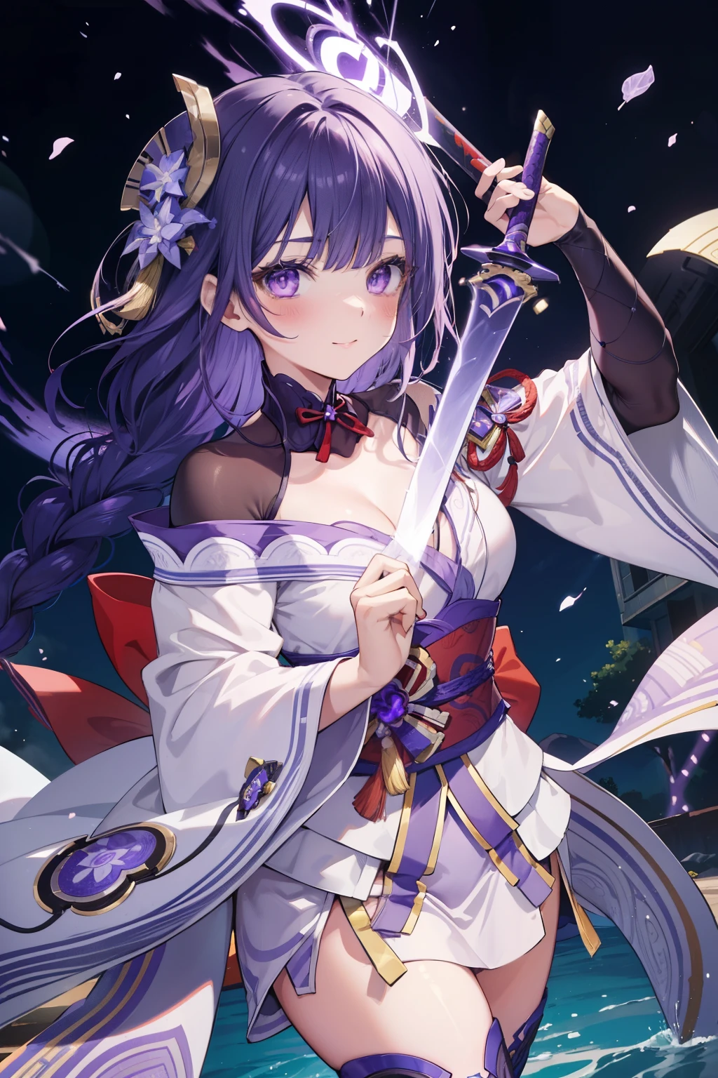 General Raiden、Good looking girl (blush, Perfect Face), independent , Looking at the camera, masterpiece, Anime art style, Cute Characters, Most detailed, high quality、Nico Nico Smile、There are highlights on the eyes、Full body view、Purple Hair、Use electric magic、wrapped in electricity、Holding a sword