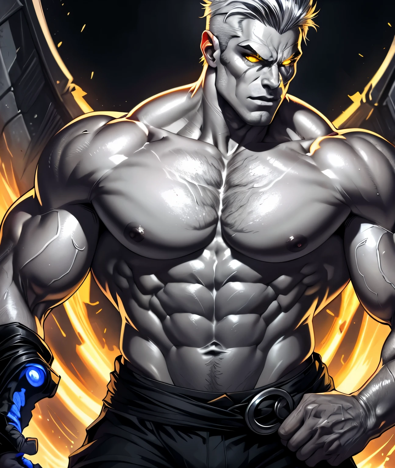 (best quality,highres:1.2),ultra-detailed,a male with silver skin and glowing yellow eyes,strong and muscular build,bare chest and chiseled abs,masculine features
