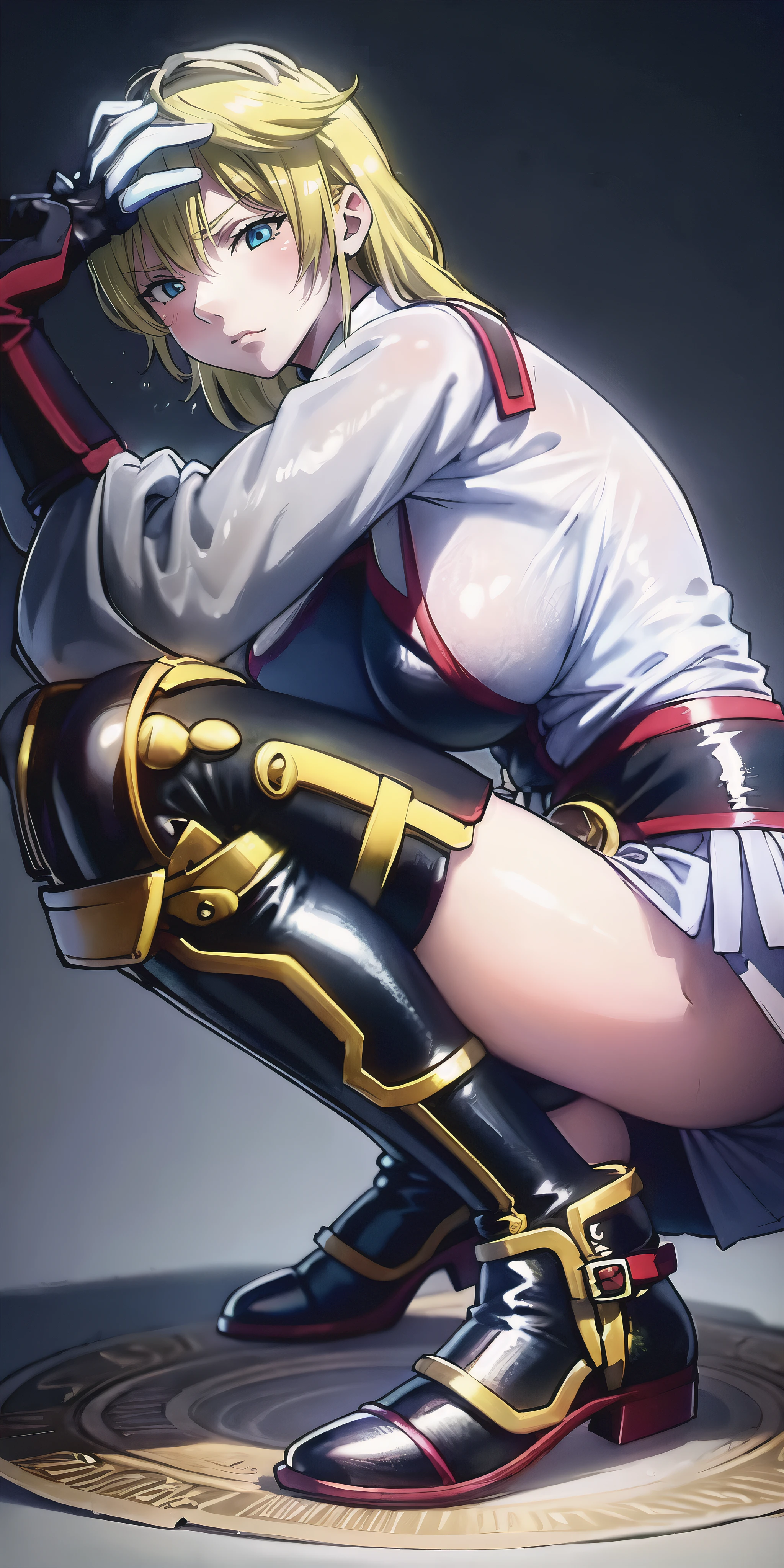 tenka izumo, short hair, blue eyes, blonde hair, anatomically correct, heavy breathing, huge breasts, 1girl, solo, squatting, gloves, breasts, blonde_hair, high_heels, boots, thigh_boots, thighhighs, large_breasts, from_side, smile, goggles, blush, high_heel_boots, open_mouth, red_footwear, full_body, mask, brown_gloves, sfw version, michiko_tanaka_mahoushoujoniakogarete,michiko tanaka, (shaded face:1.2), hollow eyes, blue eyes, looking at viewer, (heavy breathing:1.2), expressionless, glaring eyes, (anime coloring, anime screencap)