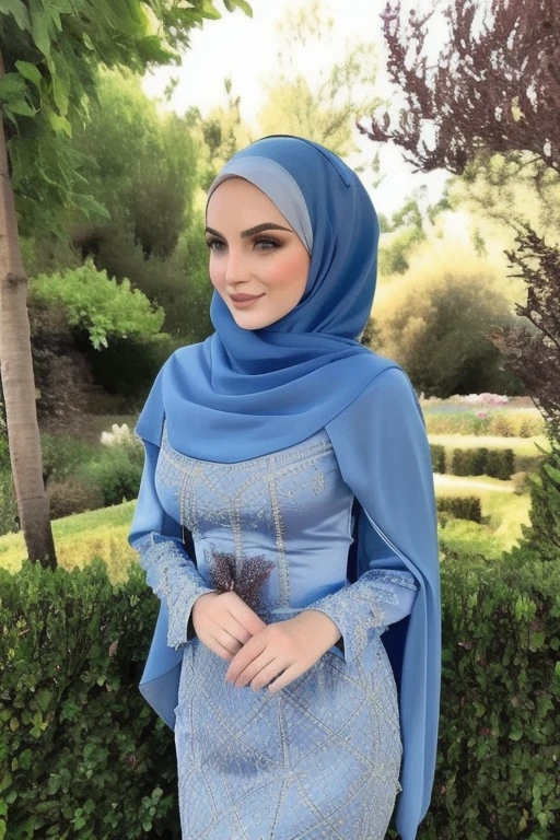 Une femme de 22 ans, portant le hijab, decent dress, yeux bleu, Realistic, fond jardin, femme d'affaire 