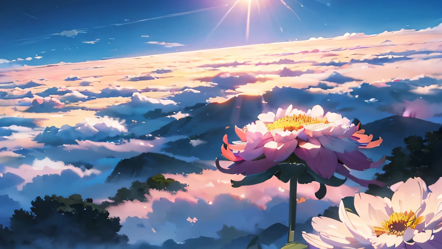 World above the clouds、In the foreground is a field of dahlias.、I don't draw people