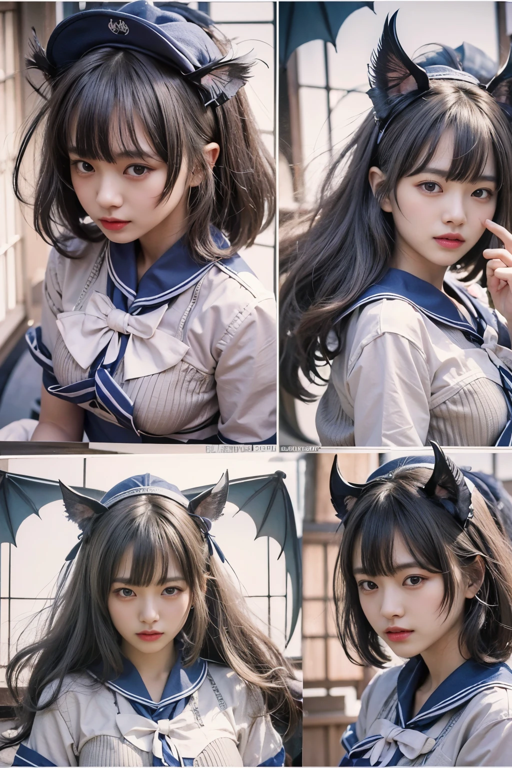 masterpiece、highest quality、8k、Extremely realistic photos、cool、Sharp Eye、Slit eyes、tooth、Double teeth、Japanese women、Very beautiful face、Sailor suit、student、Dark Skin、Gray Hair、short hair、gloss々Texture、Large bat wings、Extremely intricate details、Professional Lighting、Sexy pose
