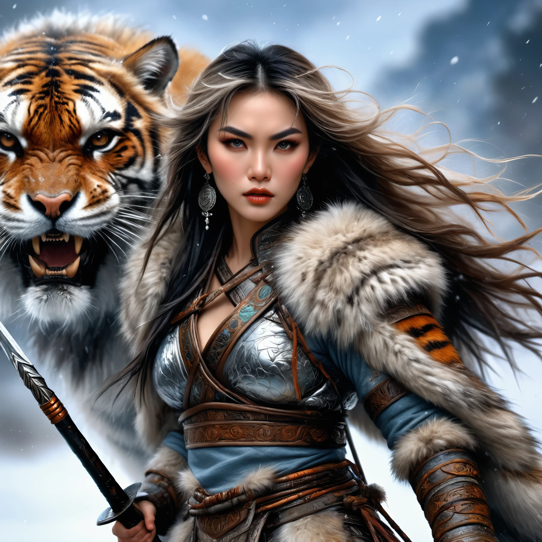 (best quality,4k,8k,highres,masterpiece:1.2),ultra-detailed,(realistic,photorealistic,photo-realistic:1.37),heavy fur winter clothing,creative fusion of traditional Chinese design patterns and contemporary elements, disheveled and fluffy hair, fierce expression, full of vitality, piercing gaze, 1 warrior, handsome face, tiger-beast, epic fantasy character art, wearing intricate fur armor, in the style of Luis Royo, Northern female warrior holding a spear, HDR, UHD, studio lighting, ultra-fine painting, sharp focus, physically-based rendering, extreme detail description, professional, vivid colors, bokeh, portraits, landscape