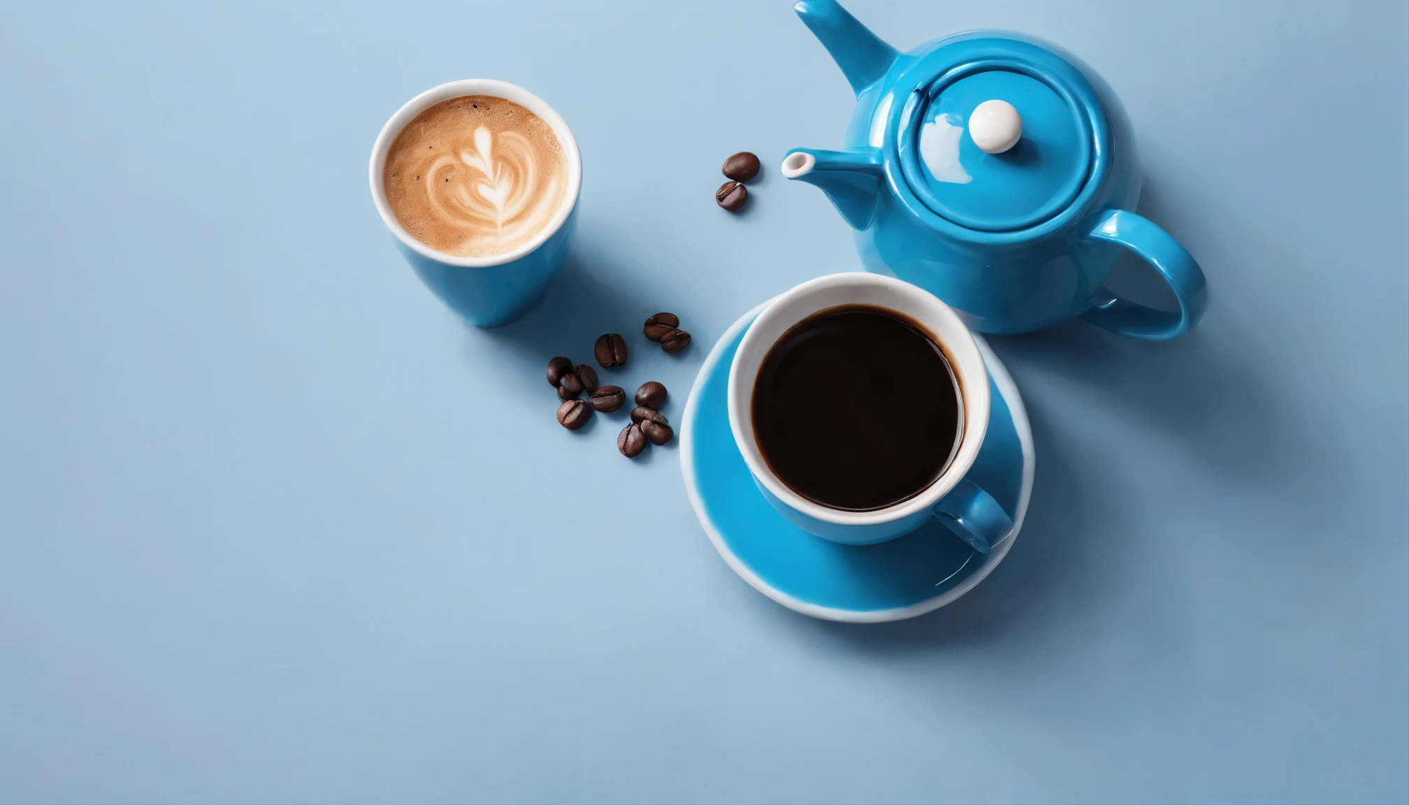 a coffee pot and a cup of coffee seen from above, background azul marinho, obra de arte, 8k, high resolution
