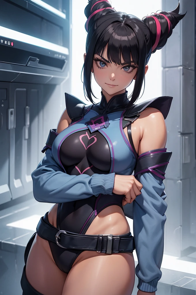 melhor qualidade,roupa azul,juri han,solo, masterpiece, best quality, agrias, grey sweater, black leotard, standing, looking at viewer, short hair,oculos,evil smile, evil look,luvas preta,roupa azul,yandere rosto,low lighting,coxa sarada copo detalhado,olhando para frente juri han,bela
