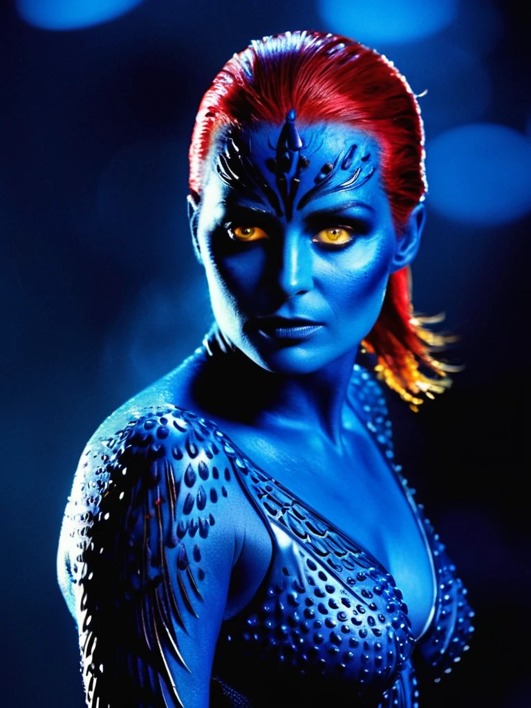Mystique X-Men Movie Stills, Sleek wet hair red, Yellow eyes, Blue Skin, Full body portrait, Shallow and deep, Very detailed, Bokeh, Widescreen movies, Moody, epic, Gorgeous, Film Grain, Granular,