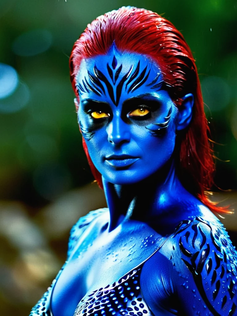 Mystique X-Men Movie Stills, Sleek wet hair red, Yellow eyes, Blue Skin, Full body portrait, Shallow and deep, Very detailed, Bokeh, Widescreen movies, Moody, epic, Gorgeous, Film Grain, Granular,  