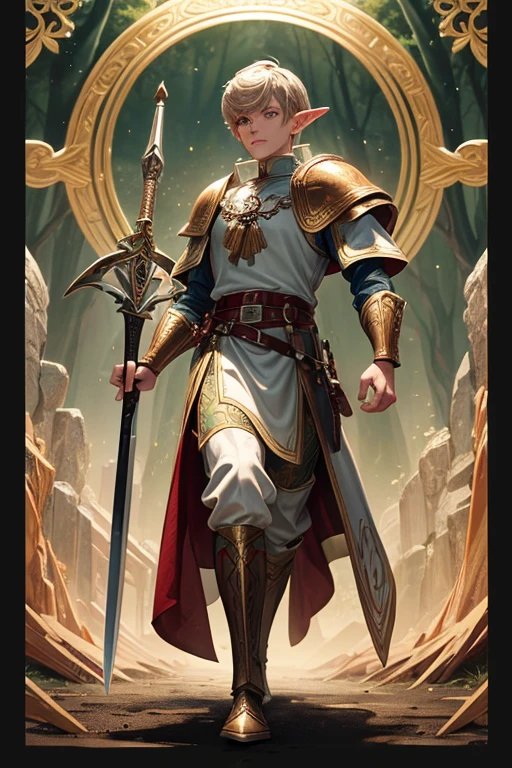 30 year old elf man with short blonde brown hair, short messy hairstyle with a fringe, pointed elf ears red medieval knight clothing golden eyes holding a sword in silver armor with gold decorations brown boots brown leather belt jade ornaments on forest background with magic symbols