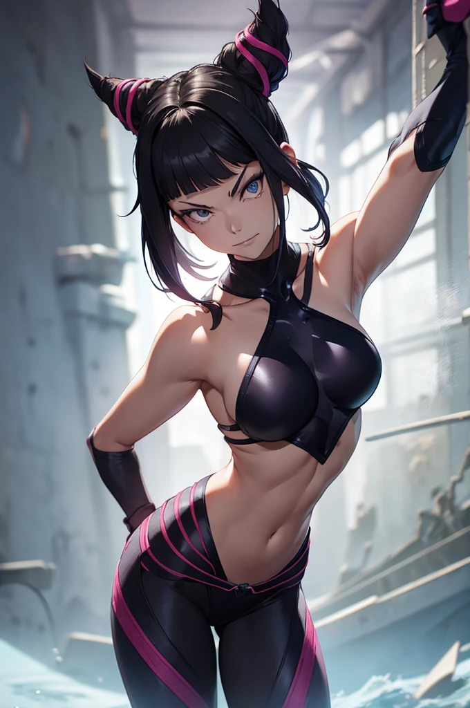 melhor qualidade,roupa azul,juri han,solo, masterpiece, best quality, agrias, grey sweater, black leotard, standing, looking at viewer, short hair,oculos,evil smile, evil look,luvas preta,roupa azul,yandere rosto,low lighting,coxa sarada copo detalhado,olhando para frente juri han,bela