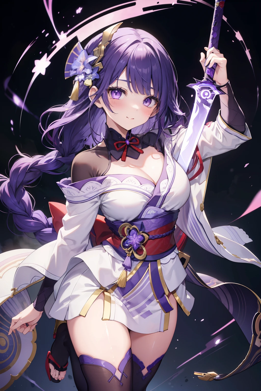 General Raiden、Good looking girl (blush, Perfect Face), independent , Looking at the camera, masterpiece, Anime art style, Cute Characters, Most detailed, high quality、Nico Nico Smile、There are highlights on the eyes、Full body view、Purple Hair、Use electric magic、wrapped in electricity、Holding a sword
