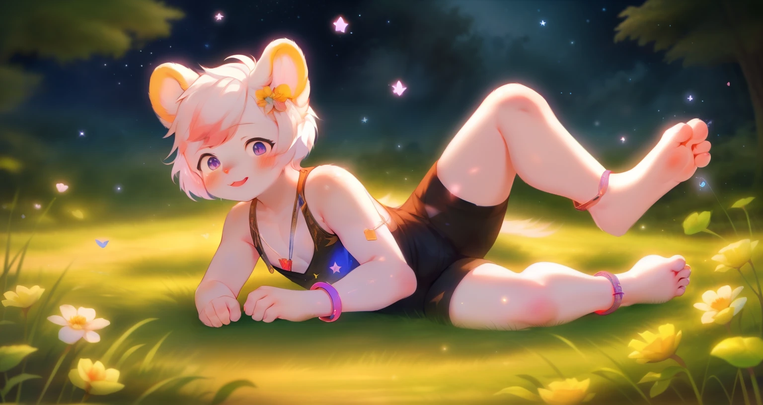 femboy feet,illustration,vibrant colors,cute anime style,soft lighting,skin texture,feminine poses,warm color palette,detailed toenails,delicate ankle bracelets,playful expression,subtle blush,artistic background,fantasy scenery,grassy meadow,flower petals,ethereal glow,sparkling stars,album title typography,eye-catching design