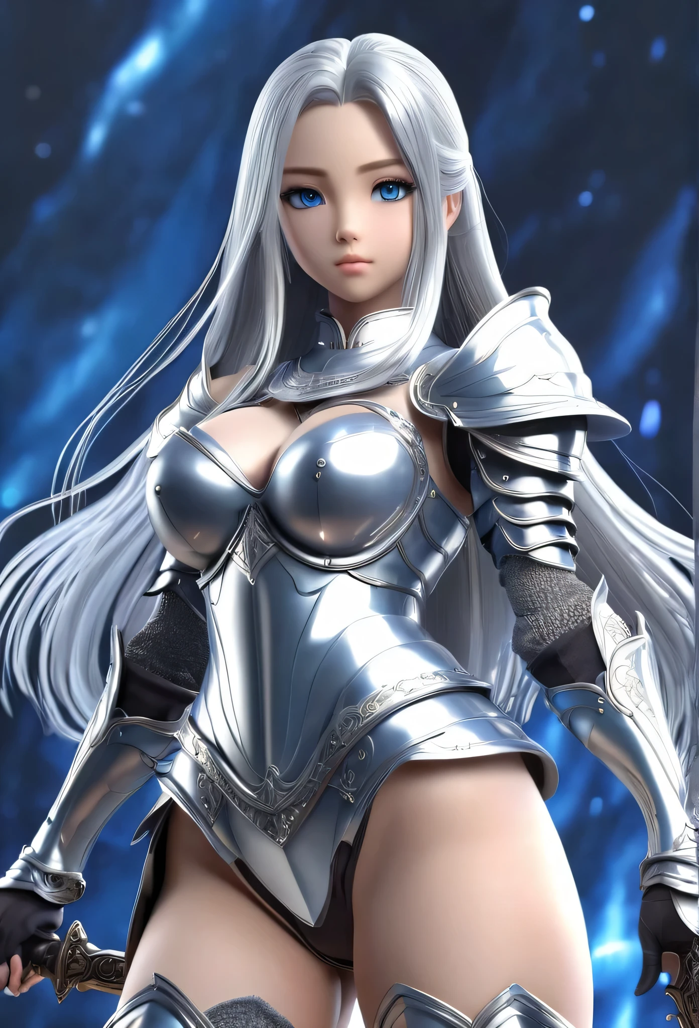 18-year-old girl,Silver long hair,Blue Eyes,Long eyelashes,Unbelievably huge breasts,((3D anime style)),A knight in revealing silver armor,Wearing a blue aura,Ready your sword,whole body,