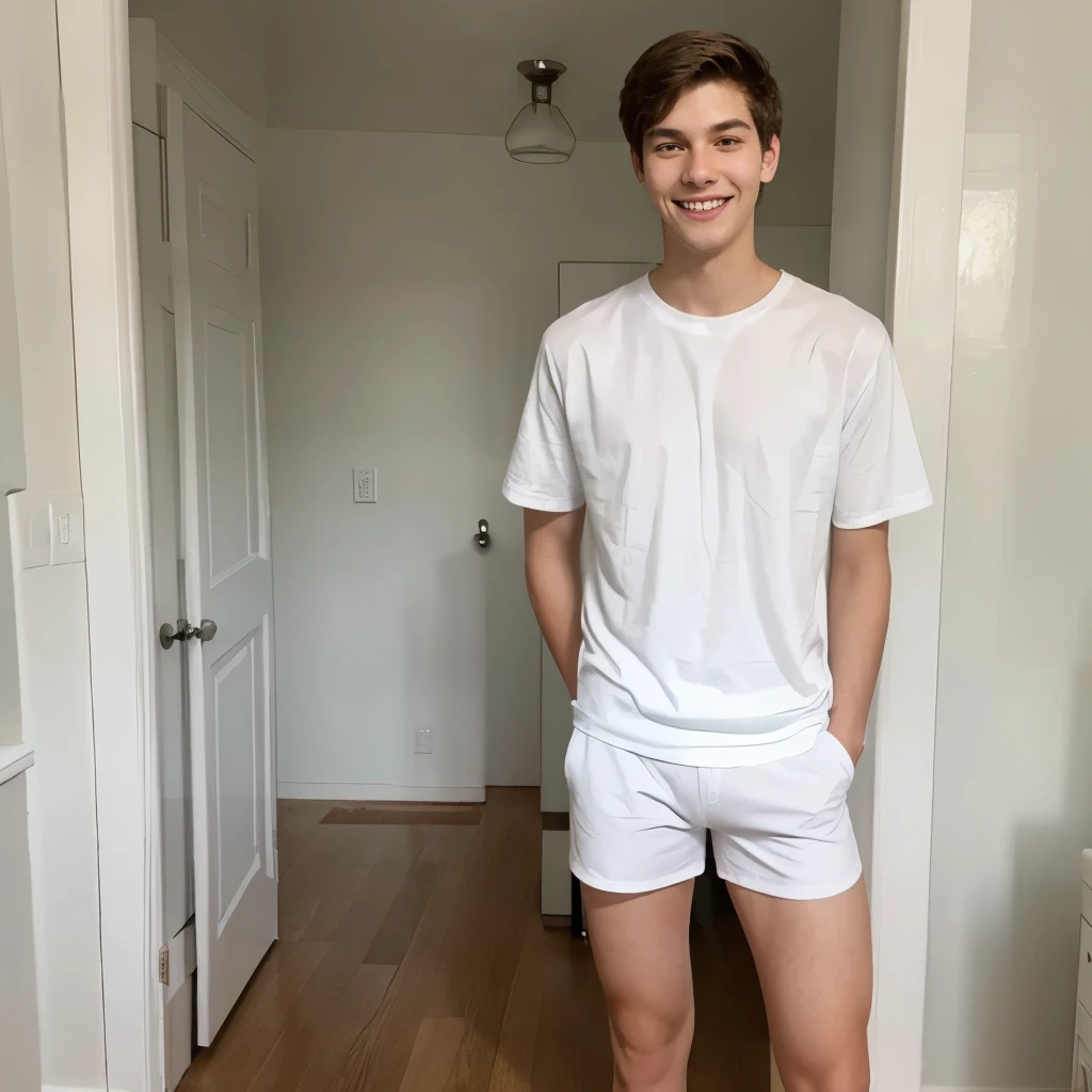 Cute tall  boy standing, wearing a white t-shirt and white shorts, smiling