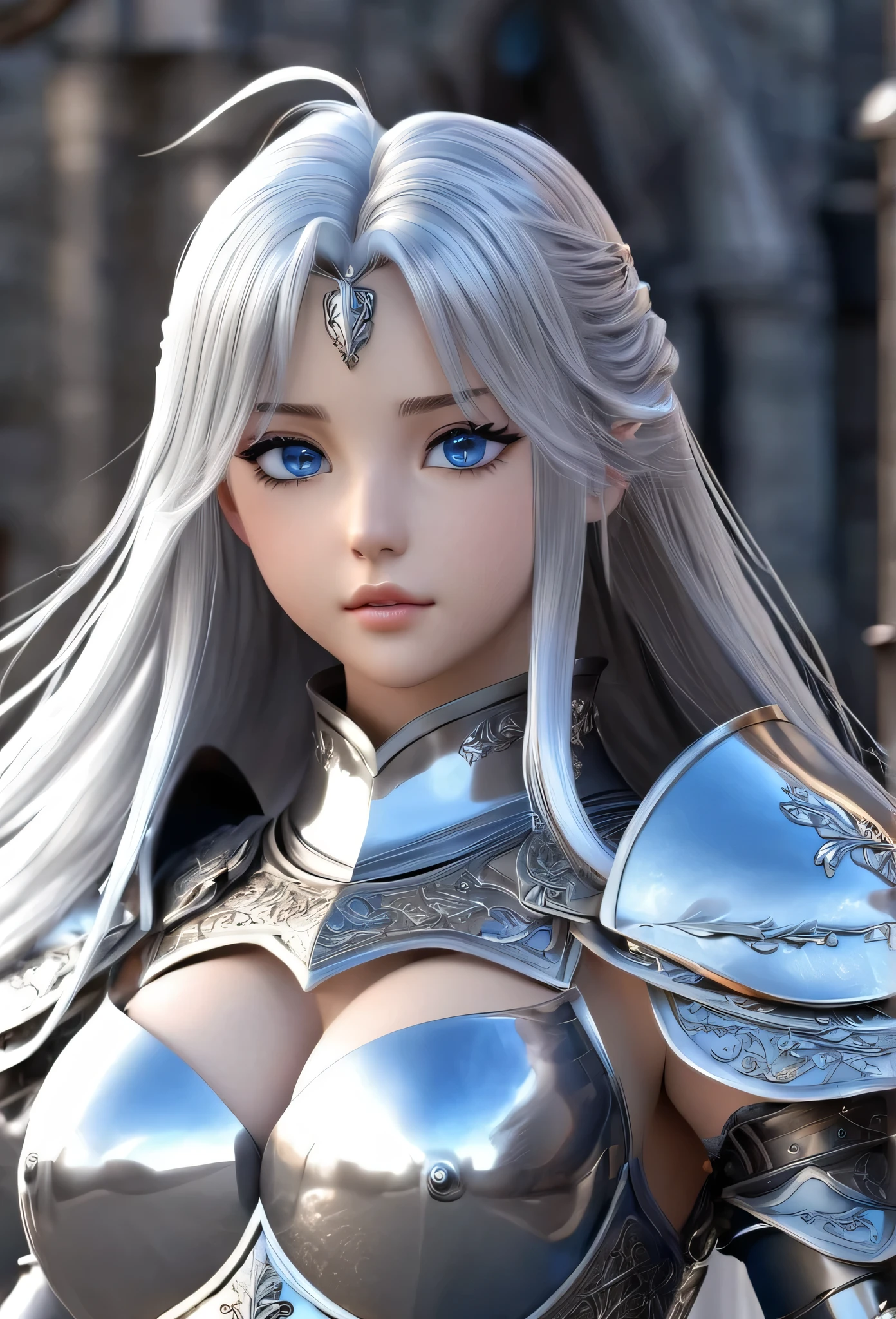 18-year-old girl,Silver long hair,Blue Eyes,Long eyelashes,White skin,Unbelievably huge breasts,((3D anime style)),A knight in revealing silver armor,Wearing a blue aura,Ready your sword,whole body,