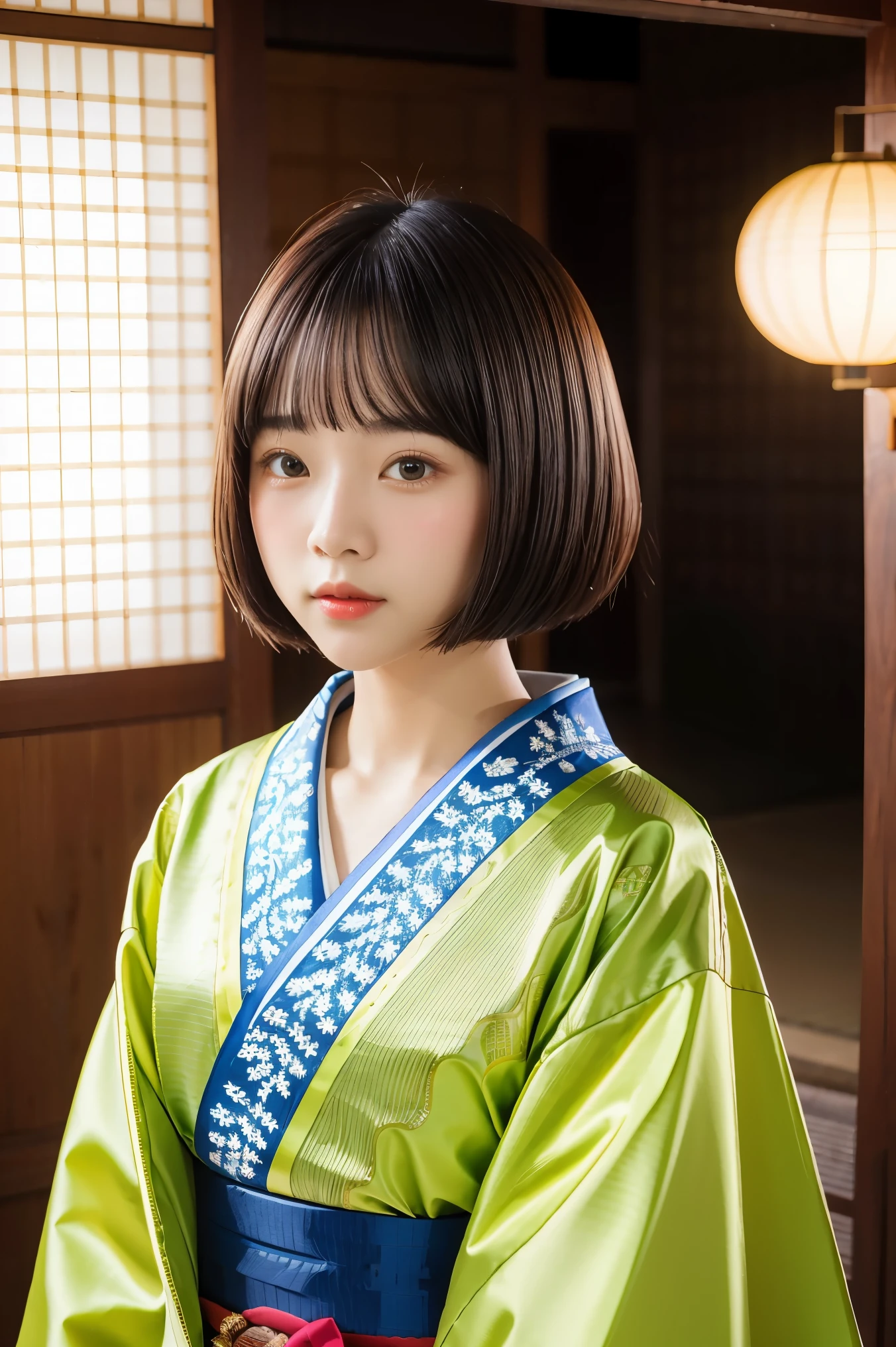 Top Quality, Masterpiece, High Definition, 1girl, Beautiful and Perfect Face, Bob Cut, Japanese Clothing,Kimono, Intricate Details, Cinematic Feel, 8K, Very Detailed  