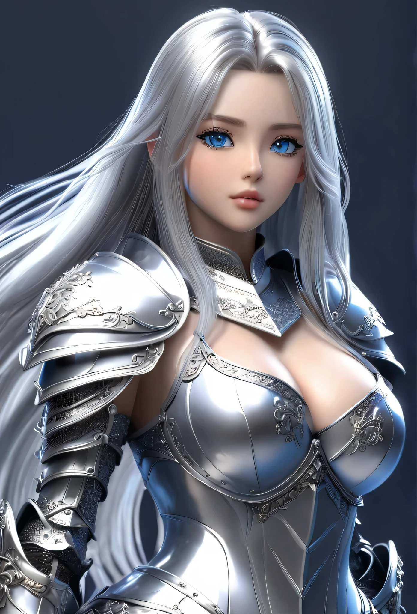 18-year-old girl,Silver long hair,Blue Eyes,Long eyelashes,Unbelievably huge breasts,((3D anime style)),A knight in revealing silver armor,Wearing a blue aura,Ready your sword,whole body,