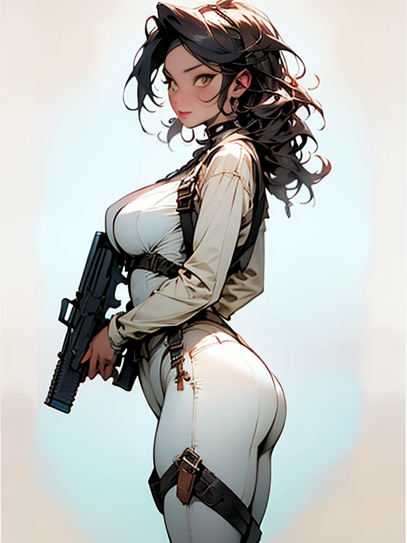 (((Cabelo longo))) black hair yellow eyes pale skin muscular girl huge breasts jacket, holster, gun holster, bondage gear, choker, headband, pantyhose, harness