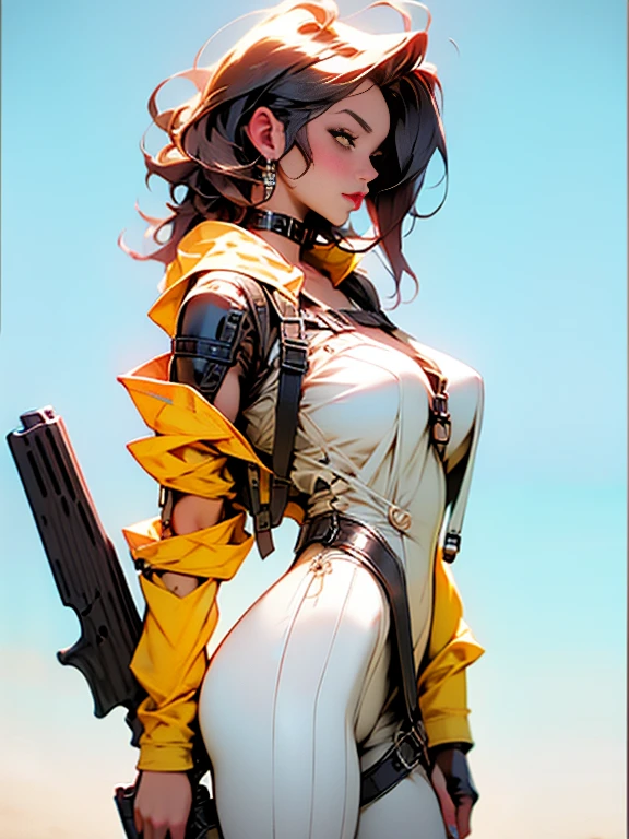 (((Cabelo longo))) black hair yellow eyes pale skin muscular girl huge breasts jacket, holster, gun holster, bondage gear, choker, headband, pantyhose, harness
