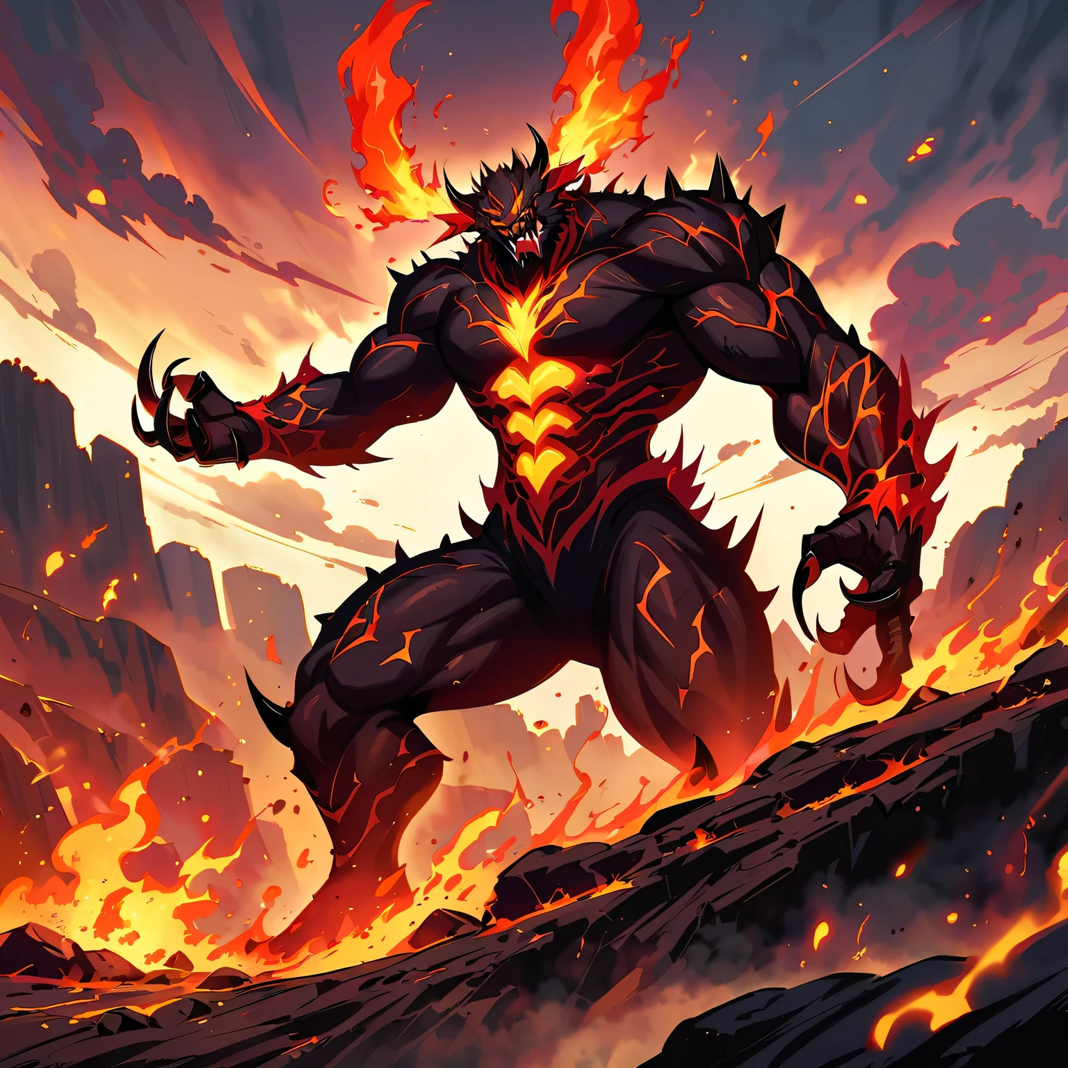 lava demon Cerberus,fiery red skin,glowing yellow eyes,giant muscular body,sharp fangs and claws,steaming lava flowing from its body,smoke billowing from its nostrils,spiky horns,demonic presence,ominous atmosphere,intense heat waves,blackened rugged volcanic landscape,cracks in the ground,fiery embers floating in the air,dark shadows dancing in the background,fierce and menacing stance,ferocious growls and snarls,burning flames engulfing its surroundings,dark red and orange color palette,harsh and dramatic lighting,emphasizing the ominous nature of the demon.
